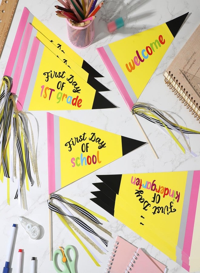 Gilprop 10 Pcs First Day of School Flag DIY 2025 Back to School Pennant First Day of Preschool Sign with Ribbons Make Your Own Photo Prop for School Classroom Decoration, Yellow - Image 3